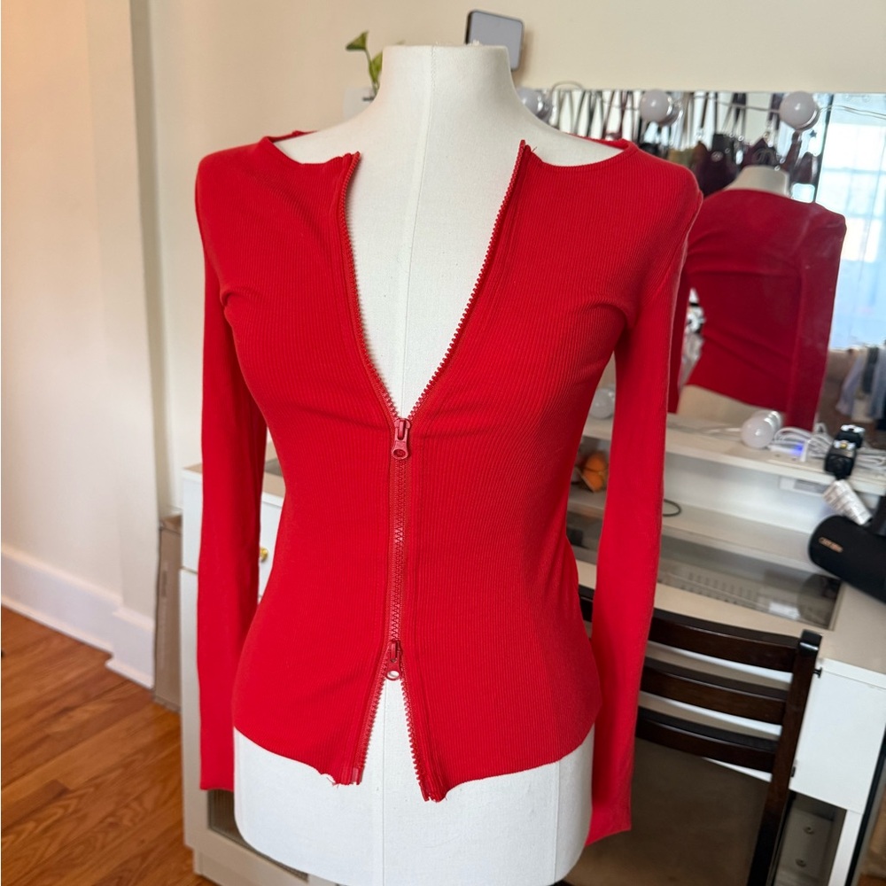 Red Double Zip-Up Cutout Sweater